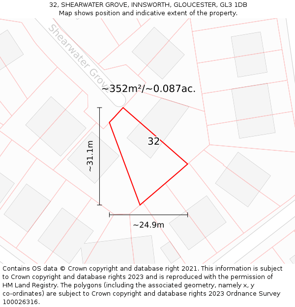 32, SHEARWATER GROVE, INNSWORTH, GLOUCESTER, GL3 1DB: Plot and title map