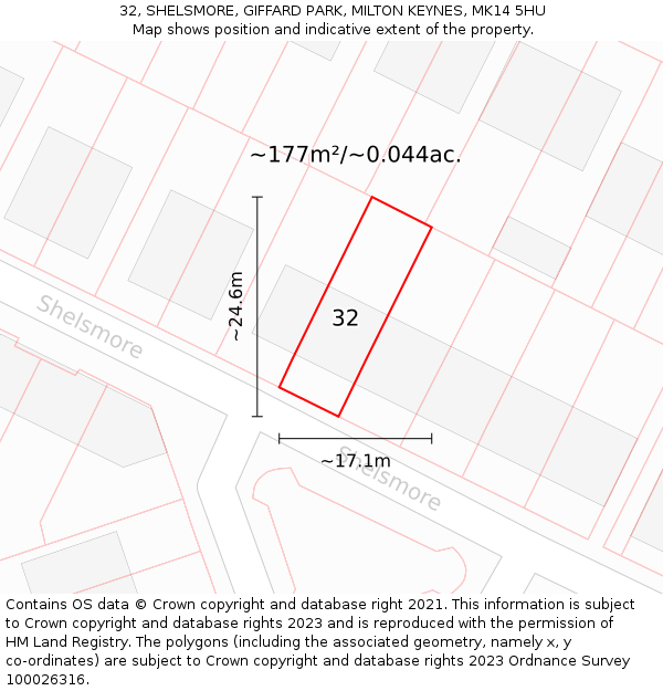 32, SHELSMORE, GIFFARD PARK, MILTON KEYNES, MK14 5HU: Plot and title map