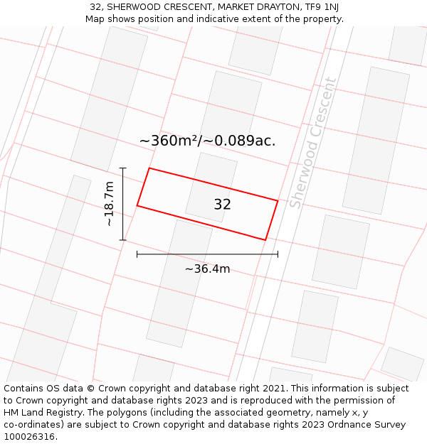 32, SHERWOOD CRESCENT, MARKET DRAYTON, TF9 1NJ: Plot and title map