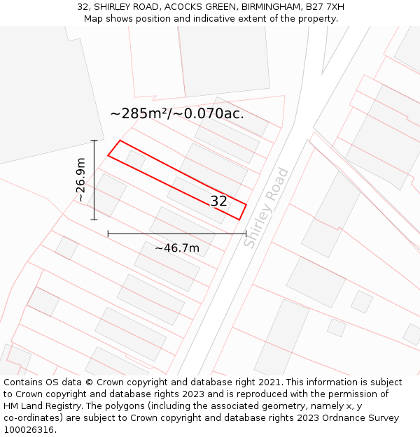 32, SHIRLEY ROAD, ACOCKS GREEN, BIRMINGHAM, B27 7XH: Plot and title map