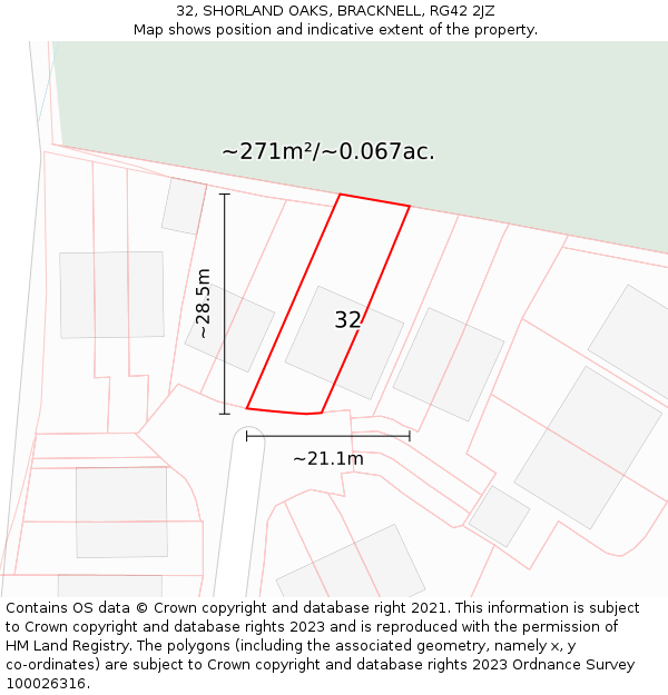 32, SHORLAND OAKS, BRACKNELL, RG42 2JZ: Plot and title map