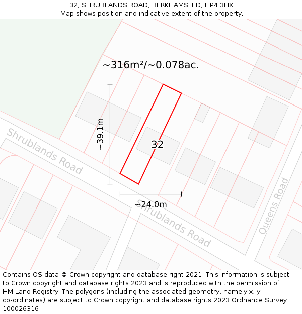 32, SHRUBLANDS ROAD, BERKHAMSTED, HP4 3HX: Plot and title map