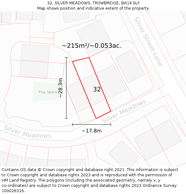 32, SILVER MEADOWS, TROWBRIDGE, BA14 0LF: Plot and title map