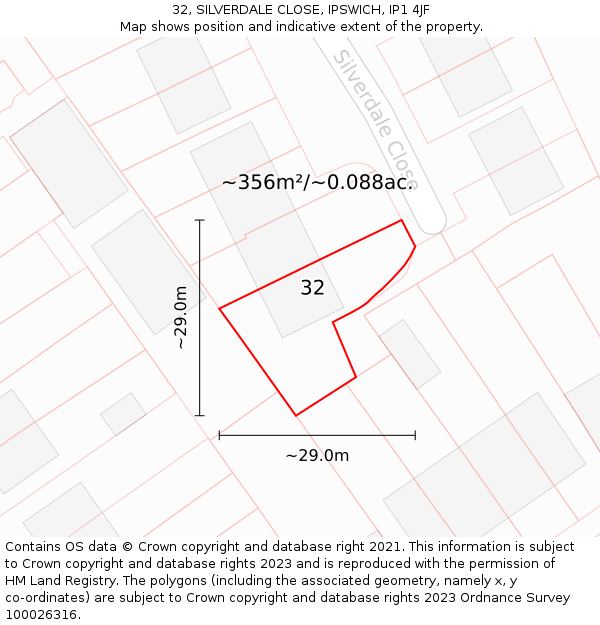 32, SILVERDALE CLOSE, IPSWICH, IP1 4JF: Plot and title map