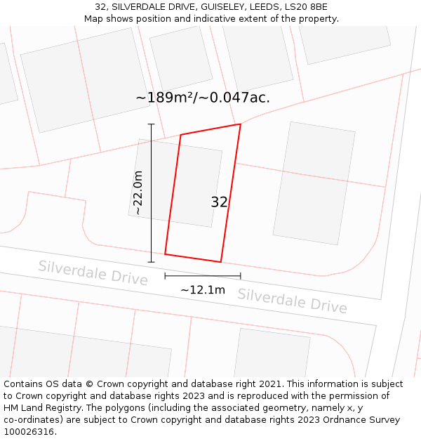 32, SILVERDALE DRIVE, GUISELEY, LEEDS, LS20 8BE: Plot and title map