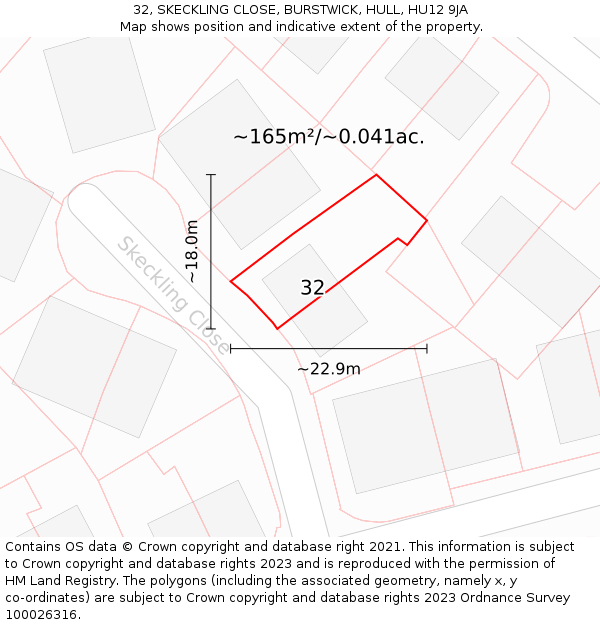 32, SKECKLING CLOSE, BURSTWICK, HULL, HU12 9JA: Plot and title map