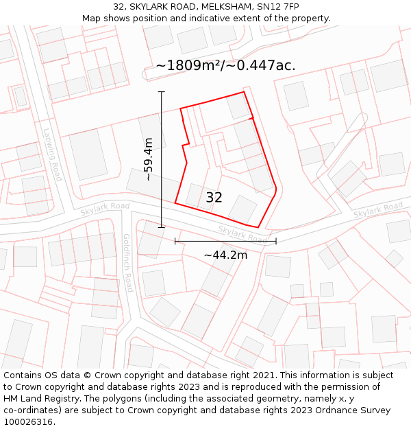 32, SKYLARK ROAD, MELKSHAM, SN12 7FP: Plot and title map