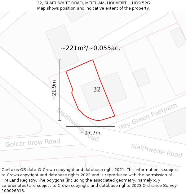 32, SLAITHWAITE ROAD, MELTHAM, HOLMFIRTH, HD9 5PG: Plot and title map