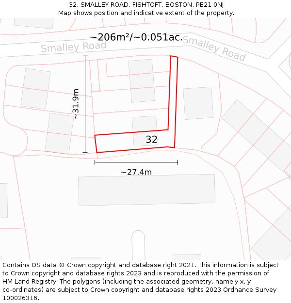 32, SMALLEY ROAD, FISHTOFT, BOSTON, PE21 0NJ: Plot and title map