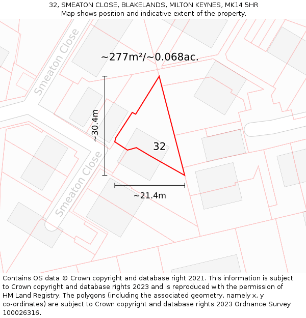 32, SMEATON CLOSE, BLAKELANDS, MILTON KEYNES, MK14 5HR: Plot and title map