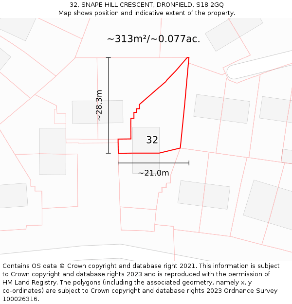 32, SNAPE HILL CRESCENT, DRONFIELD, S18 2GQ: Plot and title map