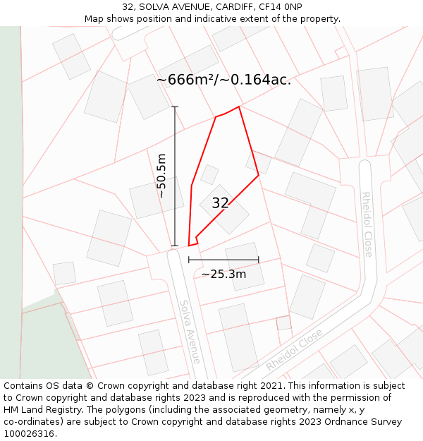 32, SOLVA AVENUE, CARDIFF, CF14 0NP: Plot and title map