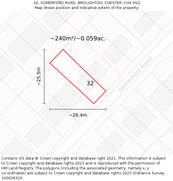 32, SOMERFORD ROAD, BROUGHTON, CHESTER, CH4 0SZ: Plot and title map