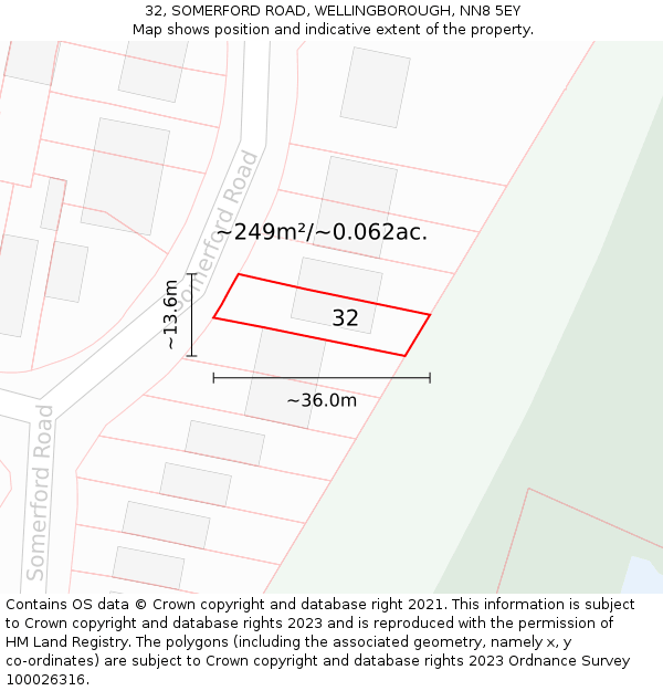 32, SOMERFORD ROAD, WELLINGBOROUGH, NN8 5EY: Plot and title map