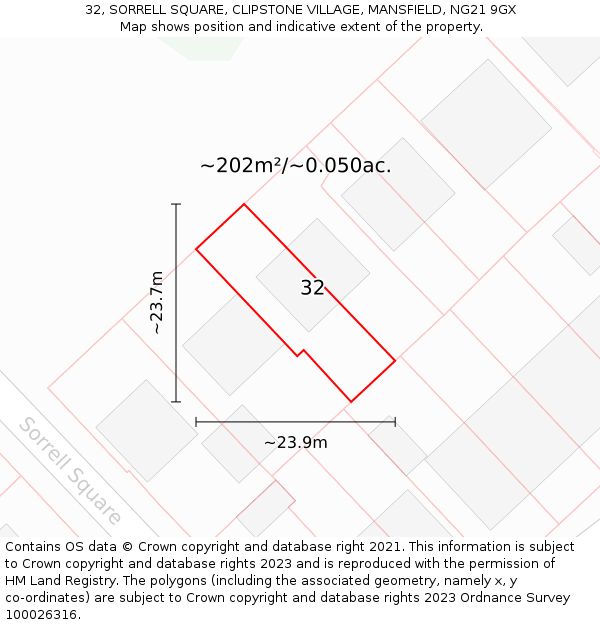 32, SORRELL SQUARE, CLIPSTONE VILLAGE, MANSFIELD, NG21 9GX: Plot and title map