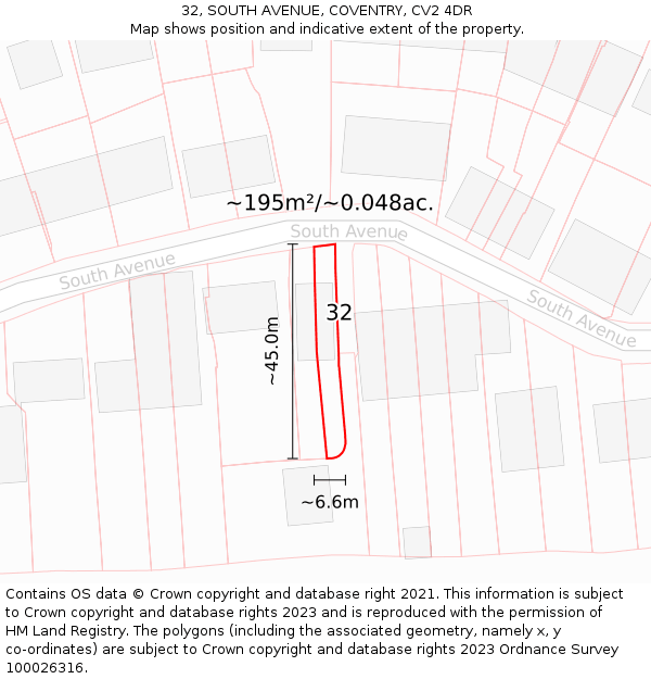 32, SOUTH AVENUE, COVENTRY, CV2 4DR: Plot and title map