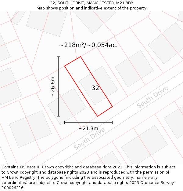 32, SOUTH DRIVE, MANCHESTER, M21 8DY: Plot and title map