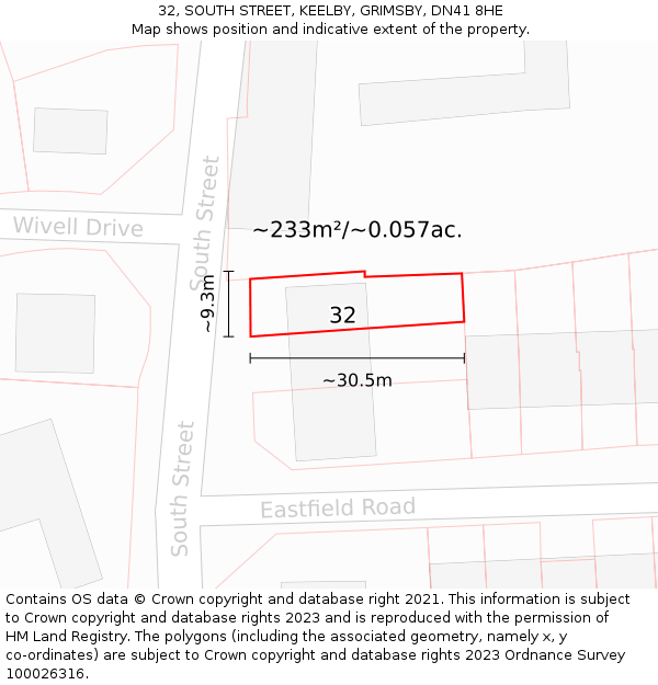 32, SOUTH STREET, KEELBY, GRIMSBY, DN41 8HE: Plot and title map