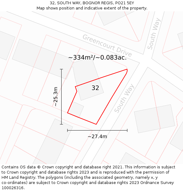 32, SOUTH WAY, BOGNOR REGIS, PO21 5EY: Plot and title map