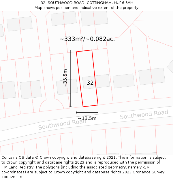 32, SOUTHWOOD ROAD, COTTINGHAM, HU16 5AH: Plot and title map