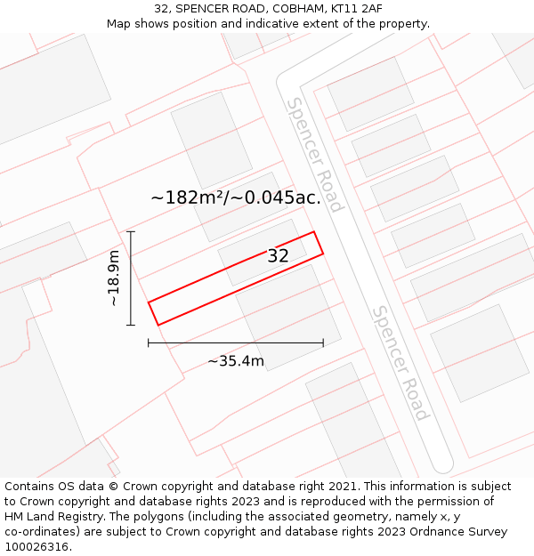 32, SPENCER ROAD, COBHAM, KT11 2AF: Plot and title map