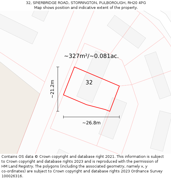 32, SPIERBRIDGE ROAD, STORRINGTON, PULBOROUGH, RH20 4PG: Plot and title map