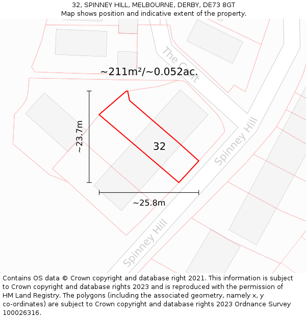 32, SPINNEY HILL, MELBOURNE, DERBY, DE73 8GT: Plot and title map