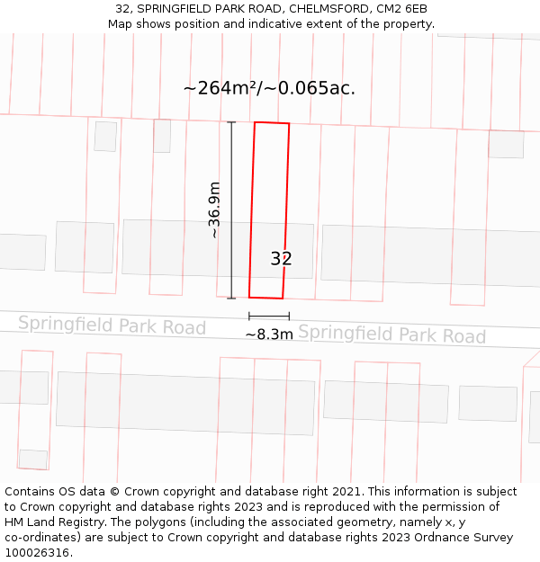 32, SPRINGFIELD PARK ROAD, CHELMSFORD, CM2 6EB: Plot and title map