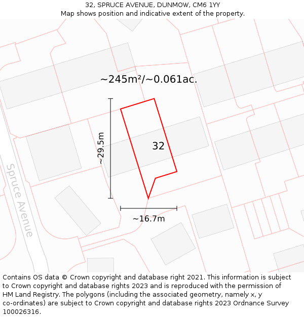 32, SPRUCE AVENUE, DUNMOW, CM6 1YY: Plot and title map