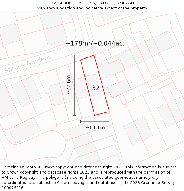 32, SPRUCE GARDENS, OXFORD, OX4 7GH: Plot and title map