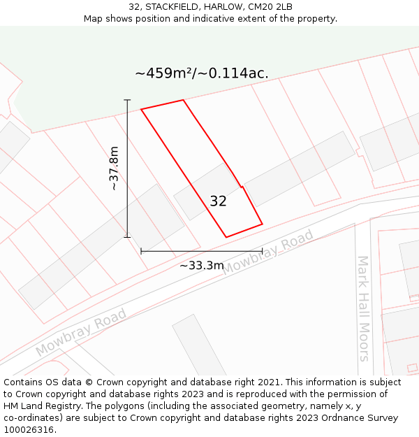 32, STACKFIELD, HARLOW, CM20 2LB: Plot and title map