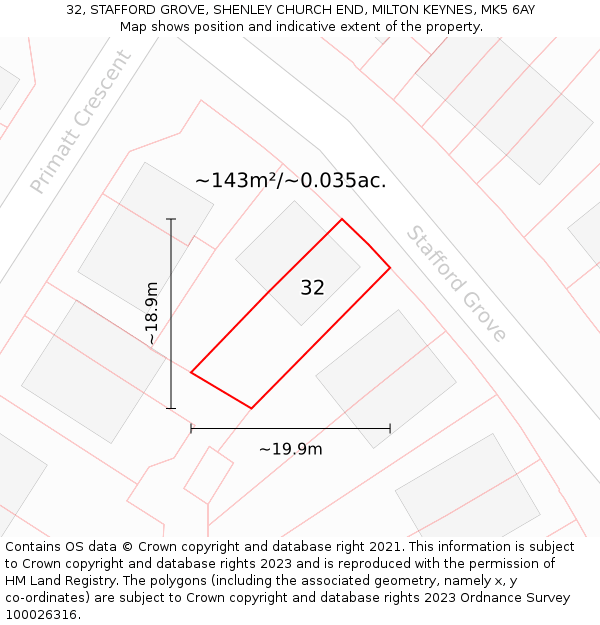 32, STAFFORD GROVE, SHENLEY CHURCH END, MILTON KEYNES, MK5 6AY: Plot and title map