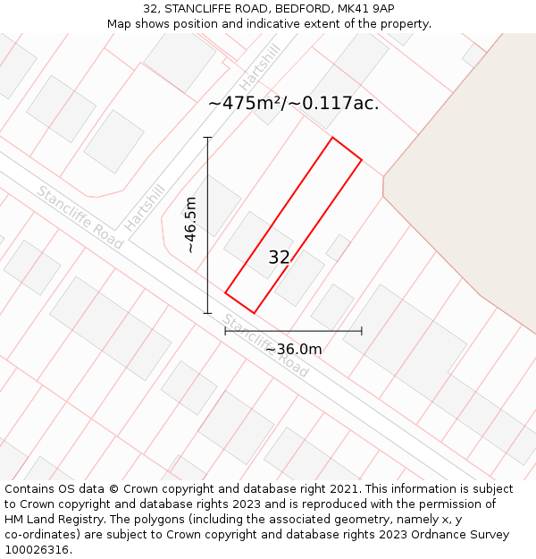 32, STANCLIFFE ROAD, BEDFORD, MK41 9AP: Plot and title map