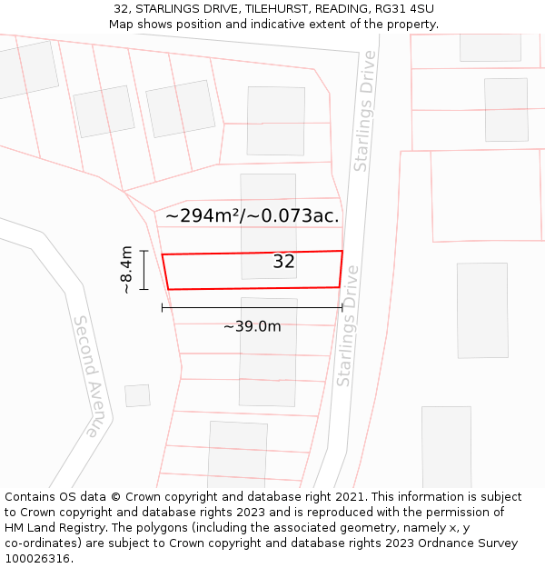 32, STARLINGS DRIVE, TILEHURST, READING, RG31 4SU: Plot and title map