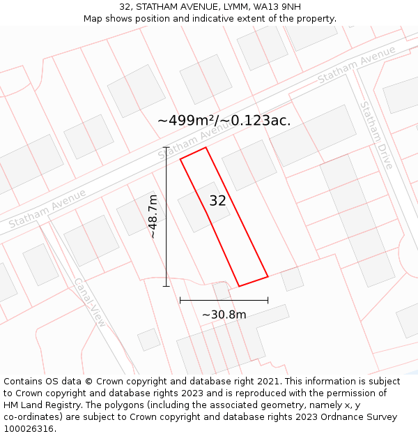 32, STATHAM AVENUE, LYMM, WA13 9NH: Plot and title map