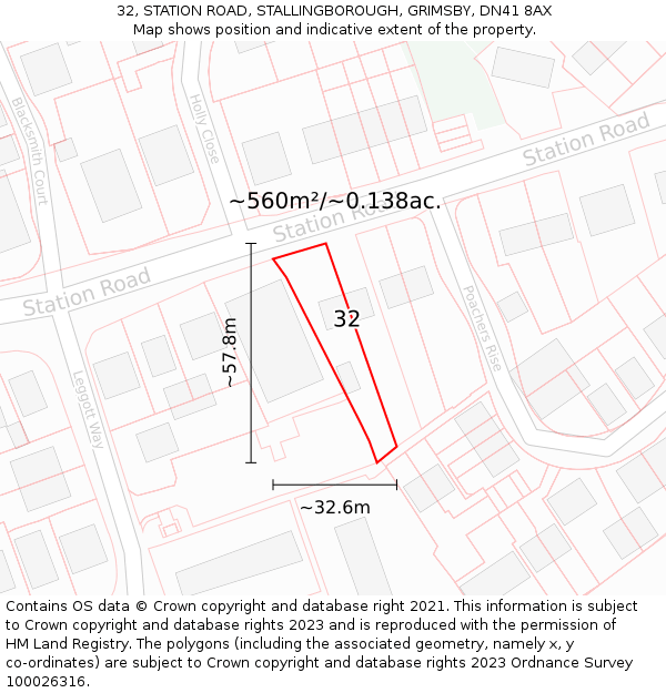 32, STATION ROAD, STALLINGBOROUGH, GRIMSBY, DN41 8AX: Plot and title map