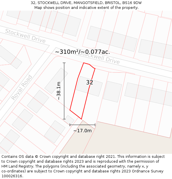 32, STOCKWELL DRIVE, MANGOTSFIELD, BRISTOL, BS16 9DW: Plot and title map