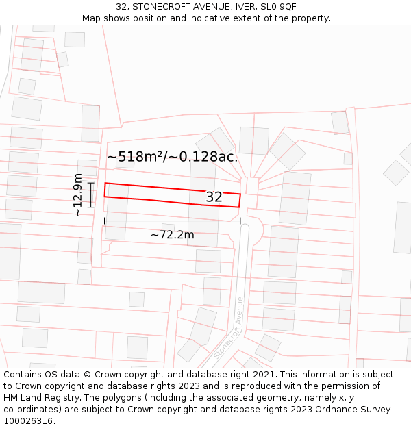 32, STONECROFT AVENUE, IVER, SL0 9QF: Plot and title map