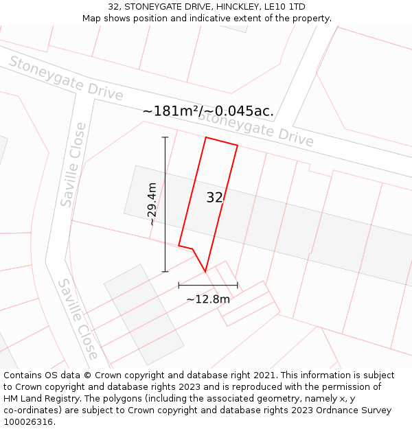 32, STONEYGATE DRIVE, HINCKLEY, LE10 1TD: Plot and title map