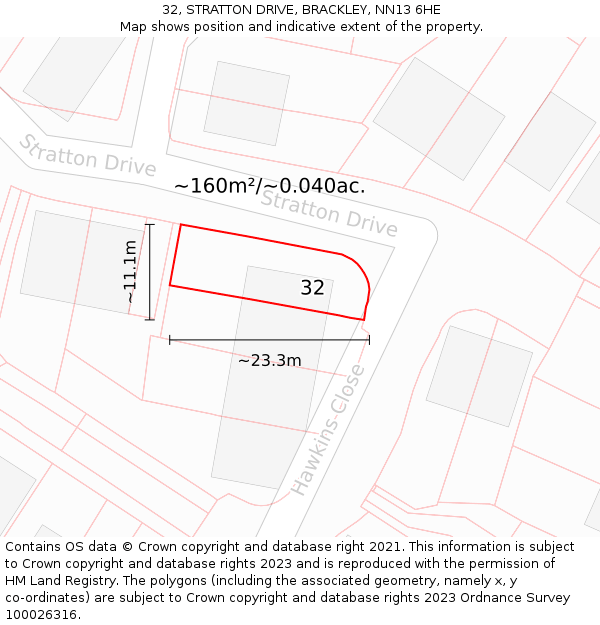 32, STRATTON DRIVE, BRACKLEY, NN13 6HE: Plot and title map