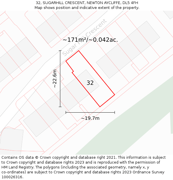 32, SUGARHILL CRESCENT, NEWTON AYCLIFFE, DL5 4FH: Plot and title map