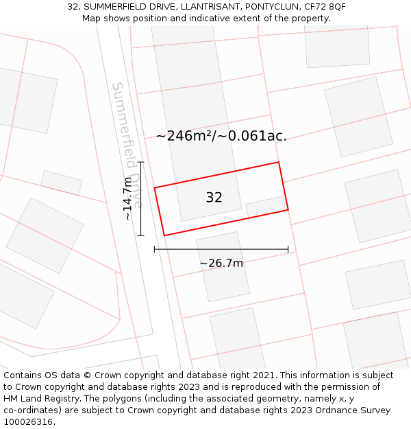 32, SUMMERFIELD DRIVE, LLANTRISANT, PONTYCLUN, CF72 8QF: Plot and title map