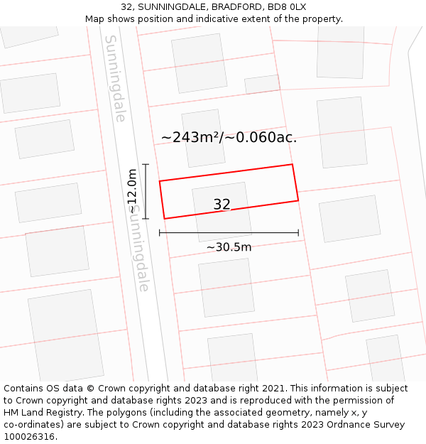 32, SUNNINGDALE, BRADFORD, BD8 0LX: Plot and title map