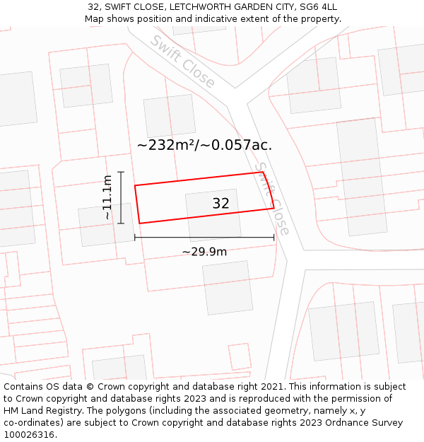 32, SWIFT CLOSE, LETCHWORTH GARDEN CITY, SG6 4LL: Plot and title map