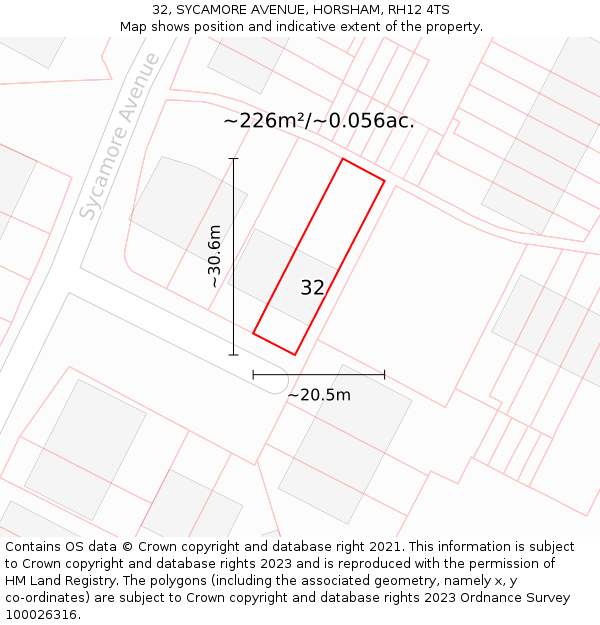 32, SYCAMORE AVENUE, HORSHAM, RH12 4TS: Plot and title map