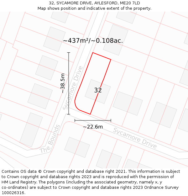 32, SYCAMORE DRIVE, AYLESFORD, ME20 7LD: Plot and title map