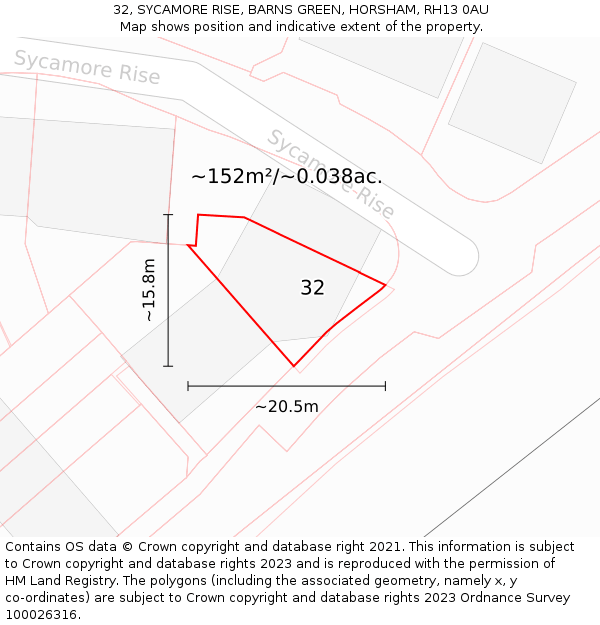 32, SYCAMORE RISE, BARNS GREEN, HORSHAM, RH13 0AU: Plot and title map