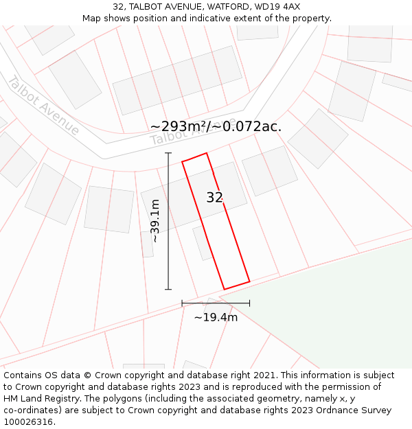 32, TALBOT AVENUE, WATFORD, WD19 4AX: Plot and title map