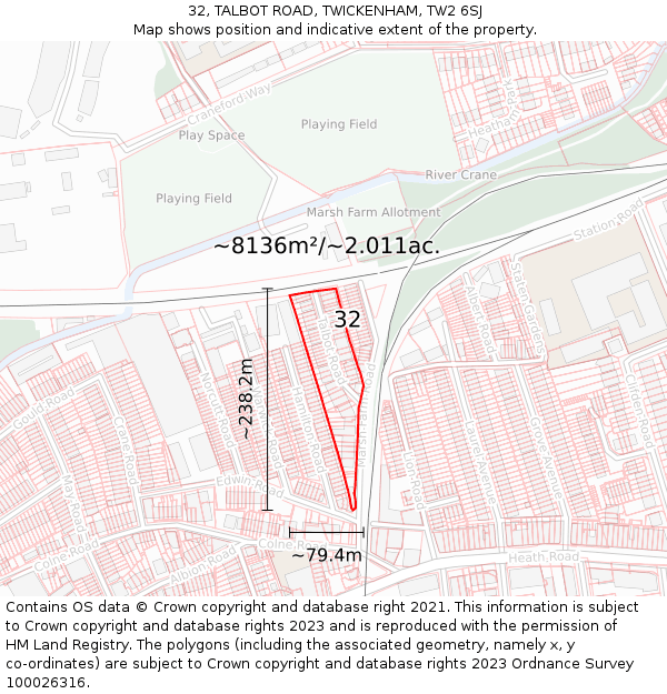 32, TALBOT ROAD, TWICKENHAM, TW2 6SJ: Plot and title map