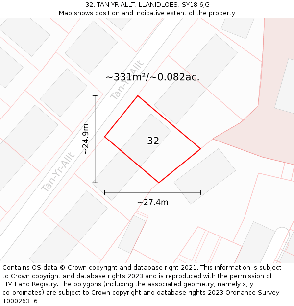 32, TAN YR ALLT, LLANIDLOES, SY18 6JG: Plot and title map